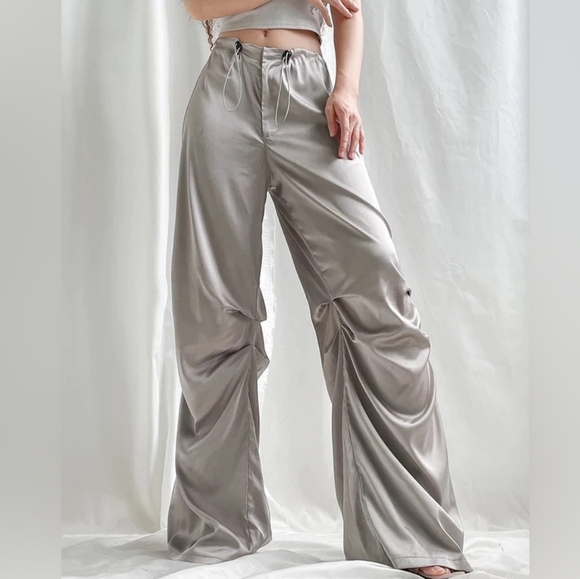 Pants - Heather Grey Silver Wide Satin Pant With Adjustable Cinch Ties